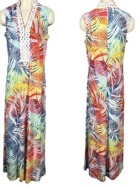 Pappagallo Tangering Multi Maxi Dress with Lace Trim-Size 10-Tropical